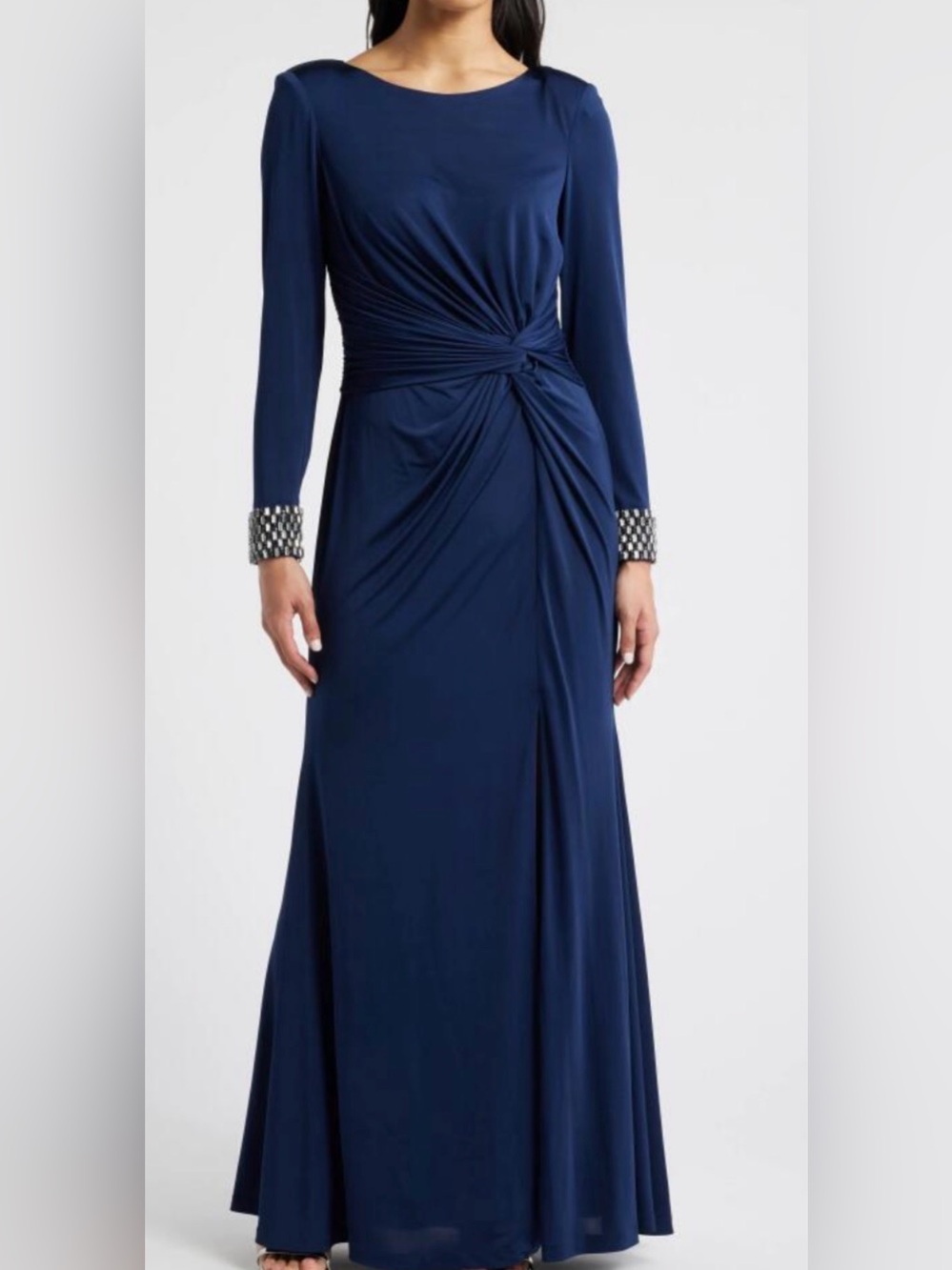 Vince Camuto Beaded Cuff Jersey Knit Formal Gown 8 Navy